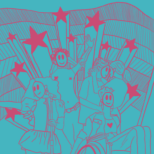 Illustration of four joyful, abstract figures with smiling faces and star motifs. They pose energetically in front of a waving American flag backdrop, depicted in vibrant blue and red hues.