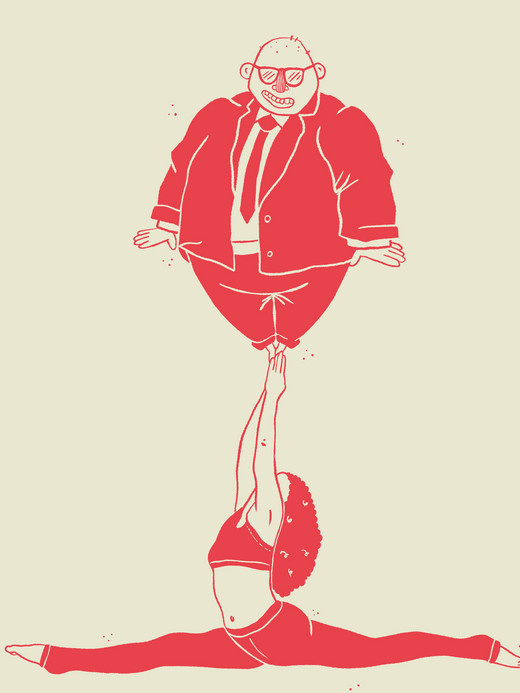 Illustration of a woman in a gymnastics pose, balancing a large, round man in a suit above her head. She’s doing a split and lifting him with one hand. The image is in red on a light background.