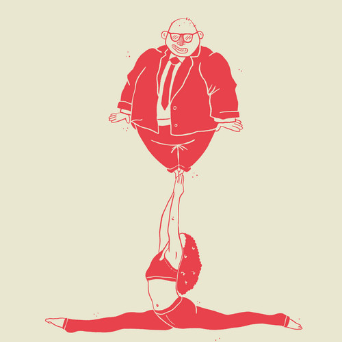 Illustration of a woman in a gymnastics pose, balancing a large, round man in a suit above her head. She’s doing a split and lifting him with one hand. The image is in red on a light background.