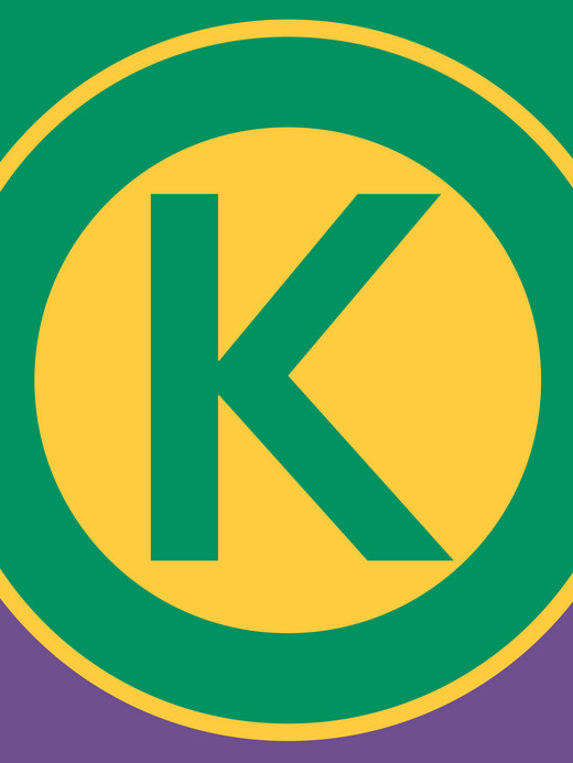 A green circle with a yellow outline and a large green letter "K" inside a yellow circle. The design is on a green and purple background.