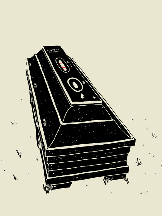 Illustration of a coffin with a control panel on it, featuring buttons and gauges. The design suggests a futuristic or technological theme. The background is minimal and grassy.