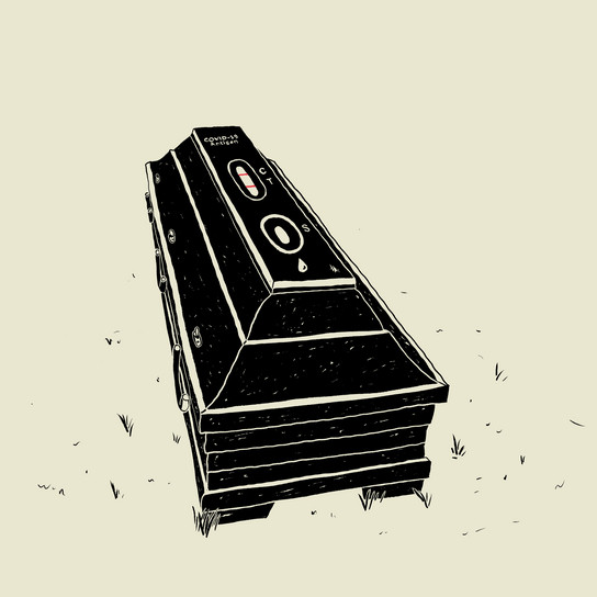 Illustration of a coffin with a control panel on it, featuring buttons and gauges. The design suggests a futuristic or technological theme. The background is minimal and grassy.