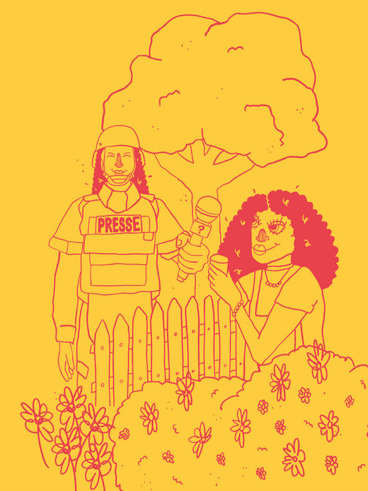 Illustrated scene of a journalist in a "Press" vest conducting an interview with a woman behind a fence. Both wear masks. A tree and bushes with flowers are in the background. The image is in a monochromatic pink and yellow palette.