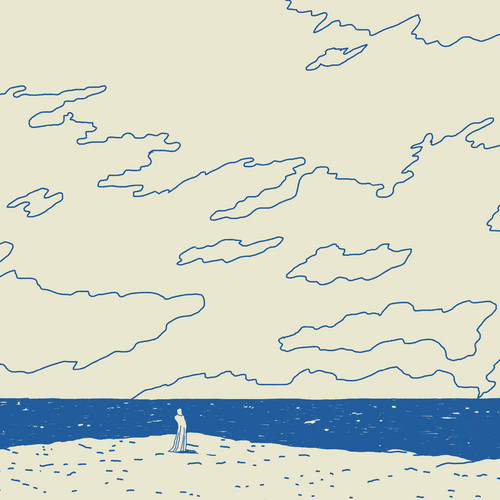 A minimalist illustration depicts a solitary figure on a sandy beach gazing out at the ocean. The sky is filled with abstract, line-drawn clouds against a light background, creating a serene and contemplative atmosphere.