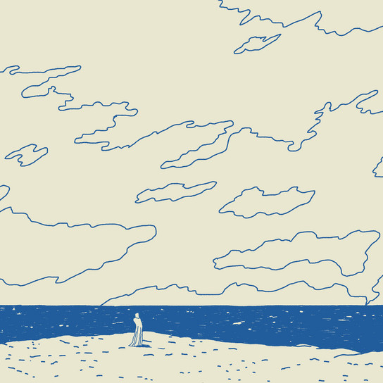 A minimalist illustration depicts a solitary figure on a sandy beach gazing out at the ocean. The sky is filled with abstract, line-drawn clouds against a light background, creating a serene and contemplative atmosphere.