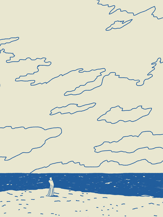 A minimalist illustration depicts a solitary figure on a sandy beach gazing out at the ocean. The sky is filled with abstract, line-drawn clouds against a light background, creating a serene and contemplative atmosphere.