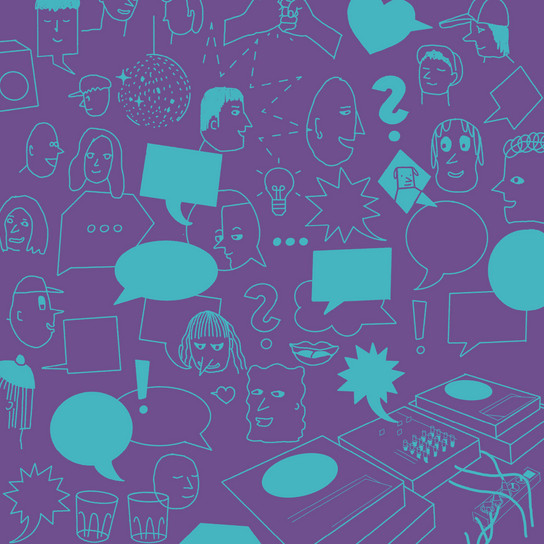 A purple background with numerous blue line drawings of faces, speech bubbles, question marks, light bulbs, and assorted shapes. Includes cassette tapes, glasses, and abstract designs scattered throughout.