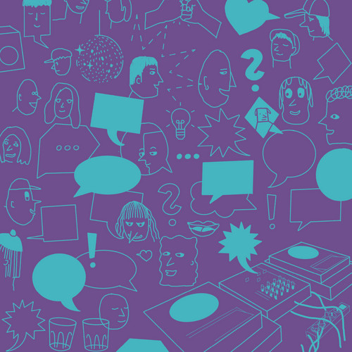 A purple background with numerous blue line drawings of faces, speech bubbles, question marks, light bulbs, and assorted shapes. Includes cassette tapes, glasses, and abstract designs scattered throughout.