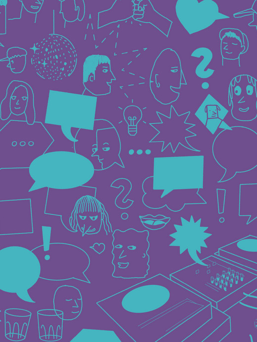 A purple background with numerous blue line drawings of faces, speech bubbles, question marks, light bulbs, and assorted shapes. Includes cassette tapes, glasses, and abstract designs scattered throughout.