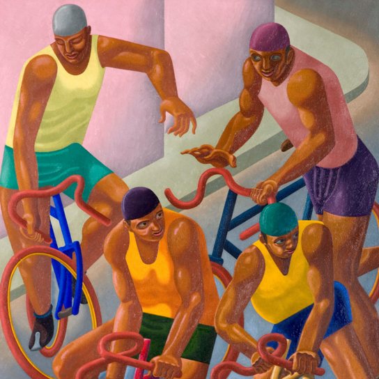 Fünf Radfahrer in leuchtend bunter Kleidung fahren Fahrräder mit rotem Lenker. Die Szenerie ist abstrakt, in sanften Rosa- und Grautönen gehalten. Die dynamische Szene fängt die Energie und Bewegung der Radfahrer ein.