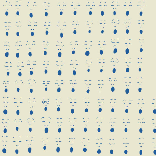 Pattern of blue abstract face-like shapes in a grid arrangement on a light yellow background, with varying facial expressions created by the combination of dots and lines.