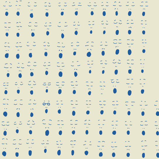 Pattern of blue abstract face-like shapes in a grid arrangement on a light yellow background, with varying facial expressions created by the combination of dots and lines.