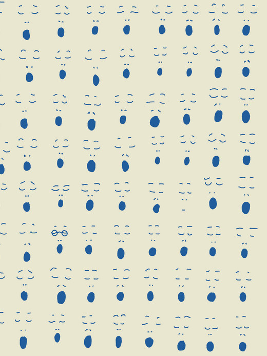 Pattern of blue abstract face-like shapes in a grid arrangement on a light yellow background, with varying facial expressions created by the combination of dots and lines.