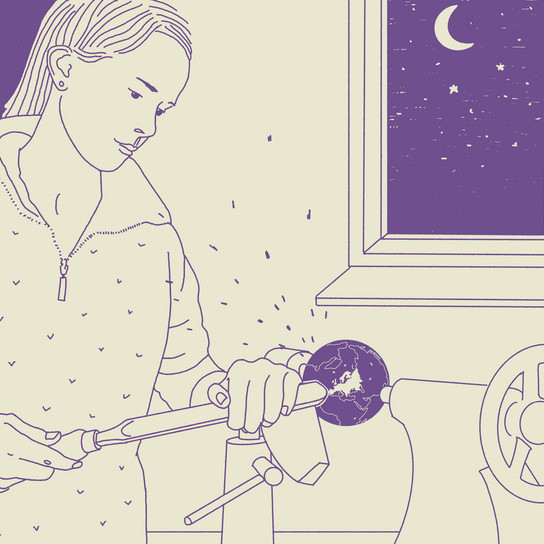 A person operates a lathe in a room at night, working on a globe that emits light and sparkles. A window reveals a crescent moon and stars in the sky. The scene is illustrated in purple and cream tones.