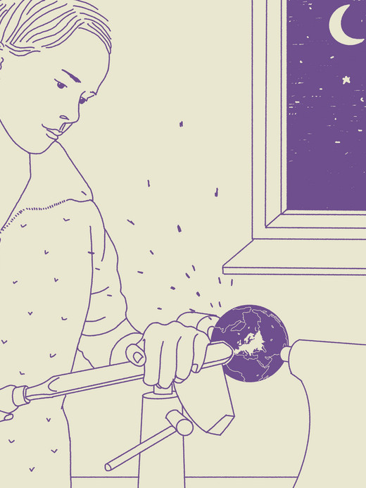 A person operates a lathe in a room at night, working on a globe that emits light and sparkles. A window reveals a crescent moon and stars in the sky. The scene is illustrated in purple and cream tones.