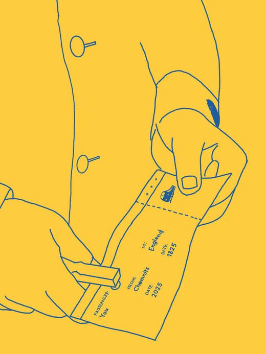 Abbildung einer Person in einer Jacke, die mit einem Hefter eine handschriftliche Notiz an einen echten Umschlag heftet. Auf der Notiz steht „An: ChexMix, PO Box 4973, Crumville, MO, 2023“. Der Hintergrund ist einfarbig gelb.