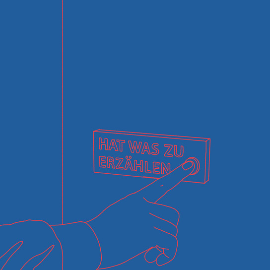 A hand is pressing a button on a blue surface. The button is labeled in German with the text "HAT WAS ZU ERZÄHLEN," which translates to "HAS SOMETHING TO SAY." The outline of the hand and text is highlighted in red.