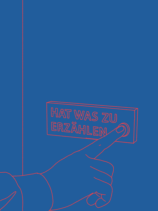 A hand is pressing a button on a blue surface. The button is labeled in German with the text "HAT WAS ZU ERZÄHLEN," which translates to "HAS SOMETHING TO SAY." The outline of the hand and text is highlighted in red.