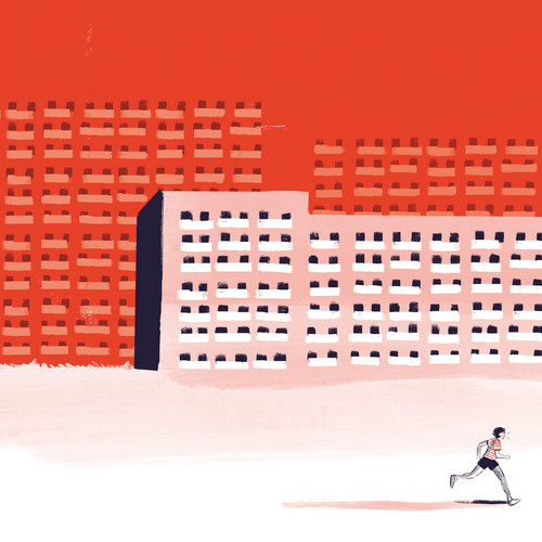 A person runs on a white surface, casting a shadow against a backdrop of red and white buildings. The buildings have a grid-like window pattern, and the sky is a vivid red, enhancing the contrasting colors.