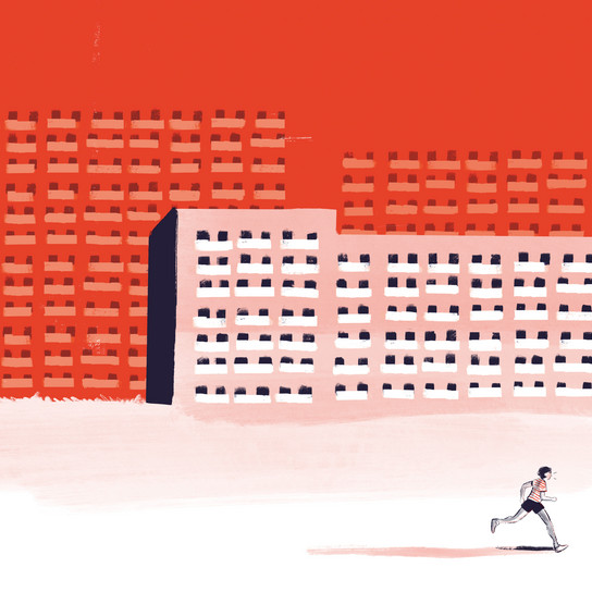 A person runs on a white surface, casting a shadow against a backdrop of red and white buildings. The buildings have a grid-like window pattern, and the sky is a vivid red, enhancing the contrasting colors.