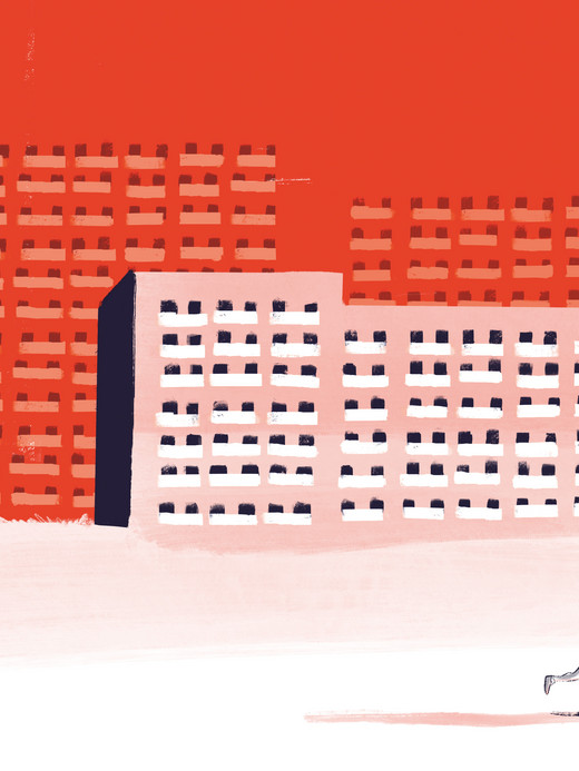 A person runs on a white surface, casting a shadow against a backdrop of red and white buildings. The buildings have a grid-like window pattern, and the sky is a vivid red, enhancing the contrasting colors.