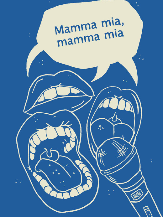 Three illustrated mouths sing with a microphone, and a speech bubble says "Mamma mia, mamma mia" against a blue background.