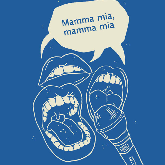 Three illustrated mouths sing with a microphone, and a speech bubble says "Mamma mia, mamma mia" against a blue background.