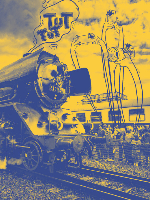 A stylized image of a vintage steam locomotive on tracks with a crowd of people taking photos. The image has a yellow and blue color overlay, and features illustrated characters above the train with cartoon style text reading "TUT TUT.