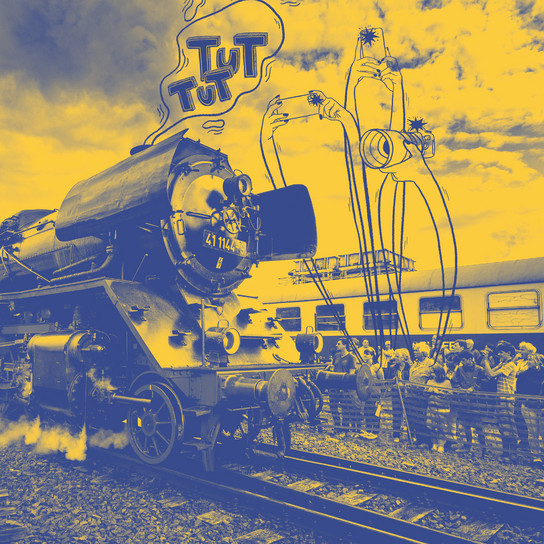 A stylized image of a vintage steam locomotive on tracks with a crowd of people taking photos. The image has a yellow and blue color overlay, and features illustrated characters above the train with cartoon style text reading "TUT TUT.