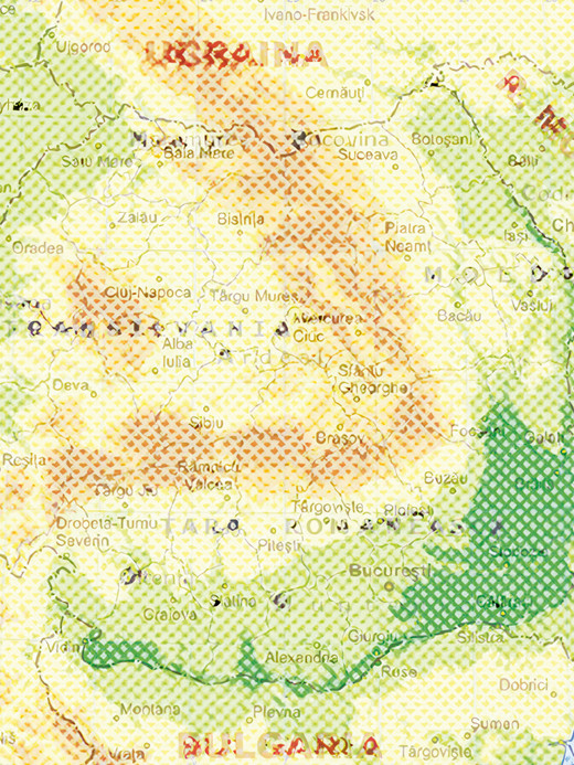A textured map of Romania showing major cities, rivers, and topographical features. Cities like Bucharest, Cluj-Napoca, and Timișoara are marked. Shaded elevation changes and borders with neighboring countries are visible.