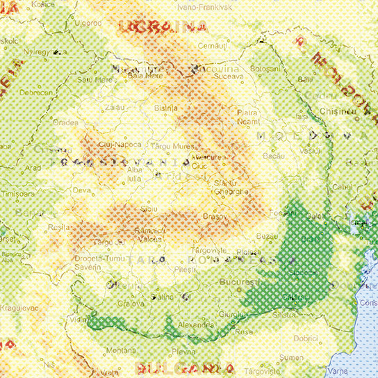 A textured map of Romania showing major cities, rivers, and topographical features. Cities like Bucharest, Cluj-Napoca, and Timișoara are marked. Shaded elevation changes and borders with neighboring countries are visible.