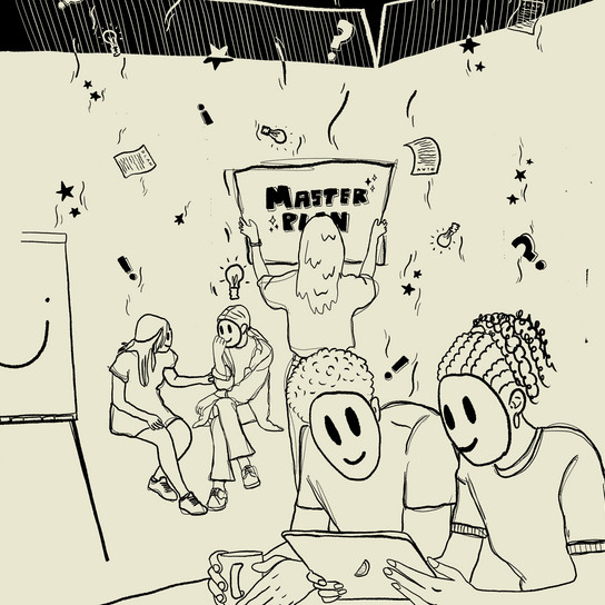 A cartoon depicts a lively room with people brainstorming. Two figures with blank faces look at a tablet. In the background, a person holds a sign reading "MASTER PLAN" while others are engaged in conversation. A flip chart displays a smiley face.