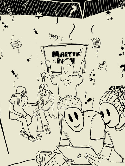 A cartoon depicts a lively room with people brainstorming. Two figures with blank faces look at a tablet. In the background, a person holds a sign reading "MASTER PLAN" while others are engaged in conversation. A flip chart displays a smiley face.